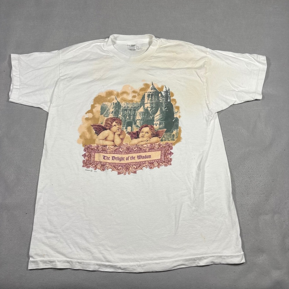 Vintage The Delight of the Wisdom Cherub Angels Graphic T-Shirt White XL